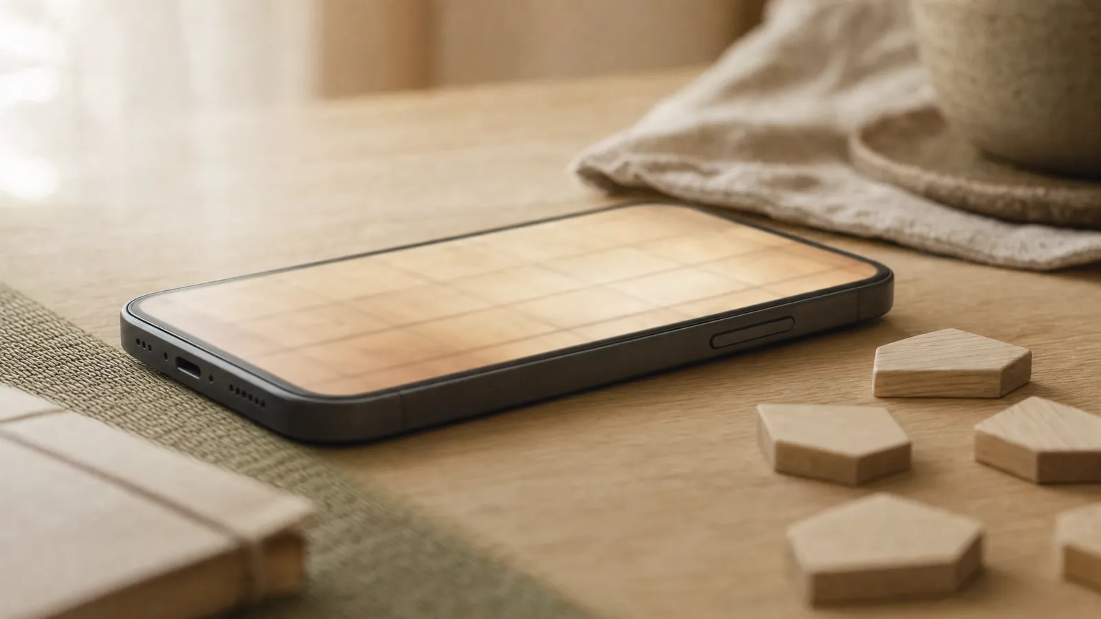 Smartphone on a wooden table beside a few wooden shogi pieces, its screen a soft blur of a wooden board, illustrating shogi apps for phones