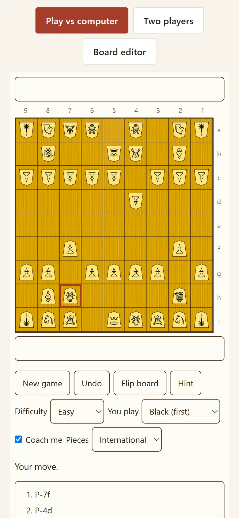 Shogiboardgame.com shogi board running in a phone browser with the international piece set, a game against the computer a few moves in, no app installed