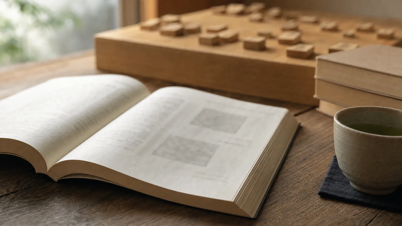 Open shogi book with board diagrams next to a wooden shogi board set up for study and a cup of green tea