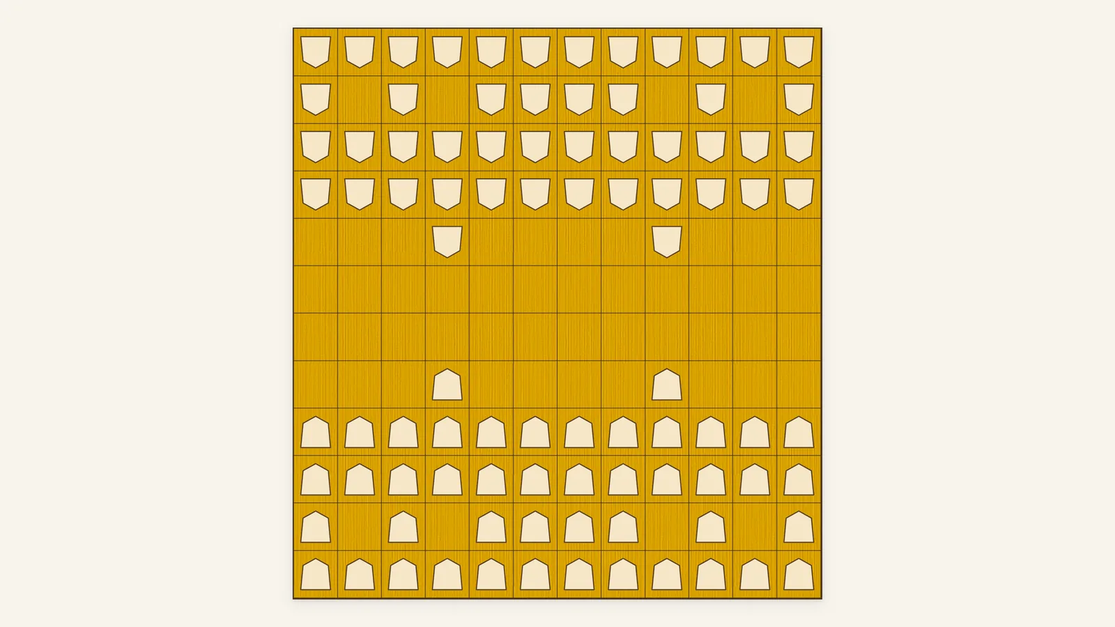 A 12x12 chu shogi board with both armies set up as blank wedge-shaped tokens in rows at each end, 46 per side, with an empty band across the middle