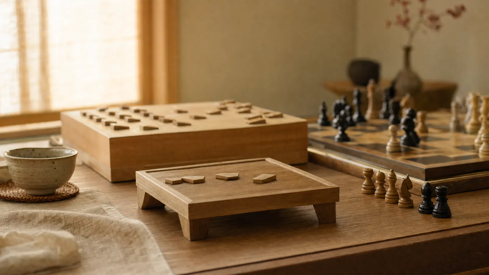 A shogi piece stand holding captured pieces in front of a shogi board, with a chessboard and a row of captured chess pieces beside it