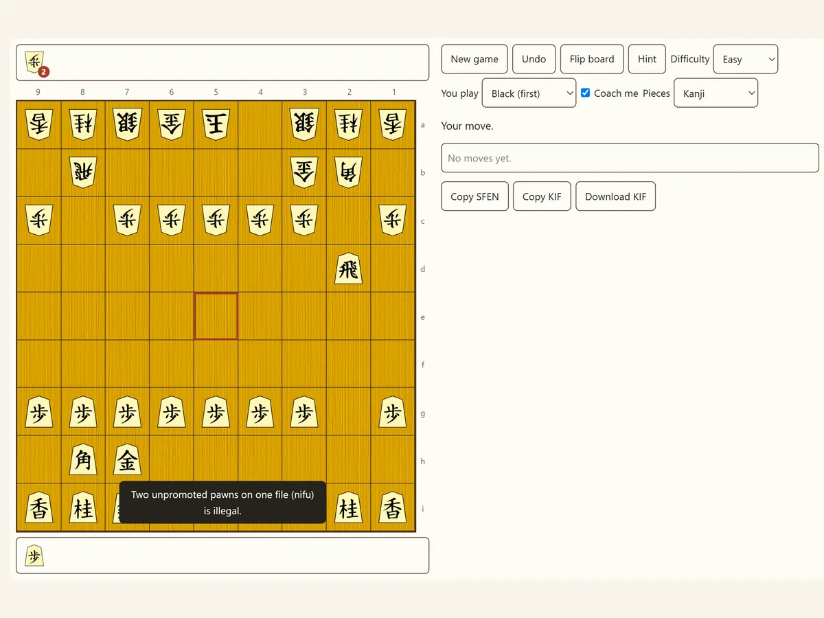 The free shogi board's coach explaining that a pawn drop is illegal: "Two unpromoted pawns on one file (nifu) is illegal."