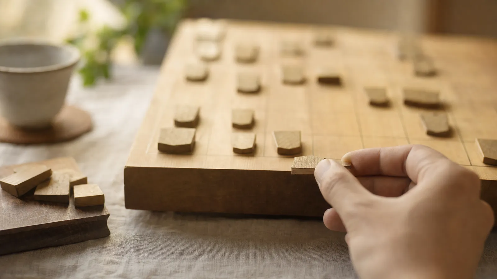 A player's hand places a piece on a wooden shogi board mid-game, with captured pieces on a stand beside it, learning how to play Japanese chess