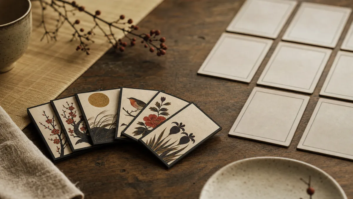 Hanafuda flower cards fanned out beside a layout of plain white karuta cards on a dark wooden table