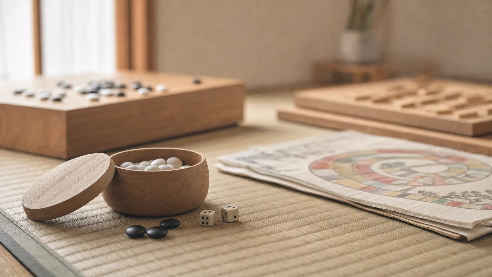 Traditional Japanese board games on a tatami mat: a bowl of go stones and two dice in front of a go board, a shogi board and a sugoroku board