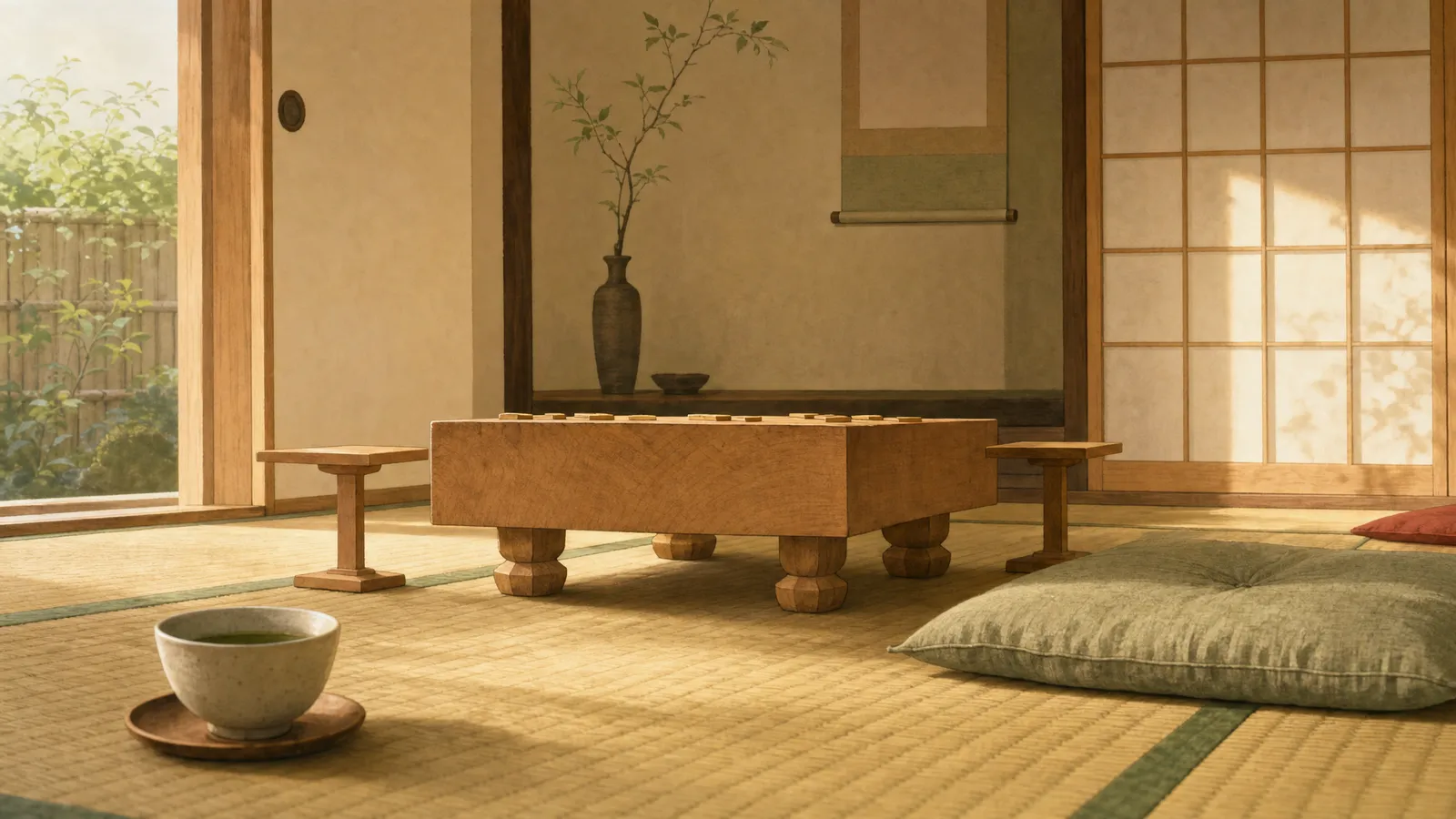 Illustration of a legged wooden shogi board in a quiet tatami room lit by shoji screens, with piece stands, cushions and a cup of green tea