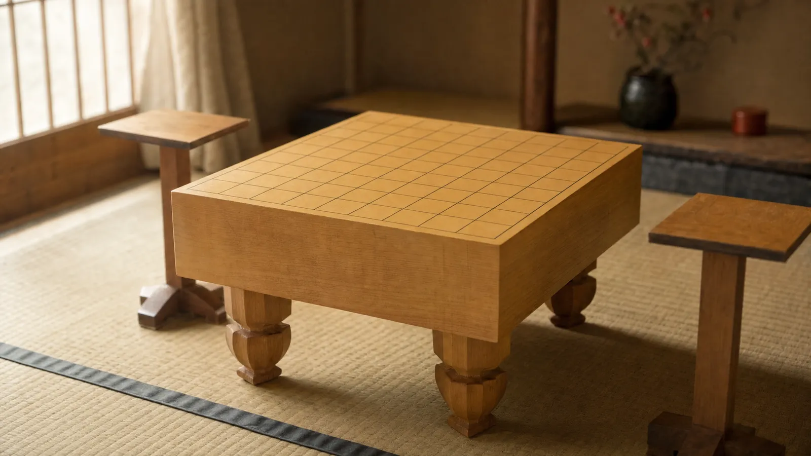 Traditional shogi board, the Japanese chess board, a thick wooden block on four carved legs with a 9x9 grid, between two piece stands