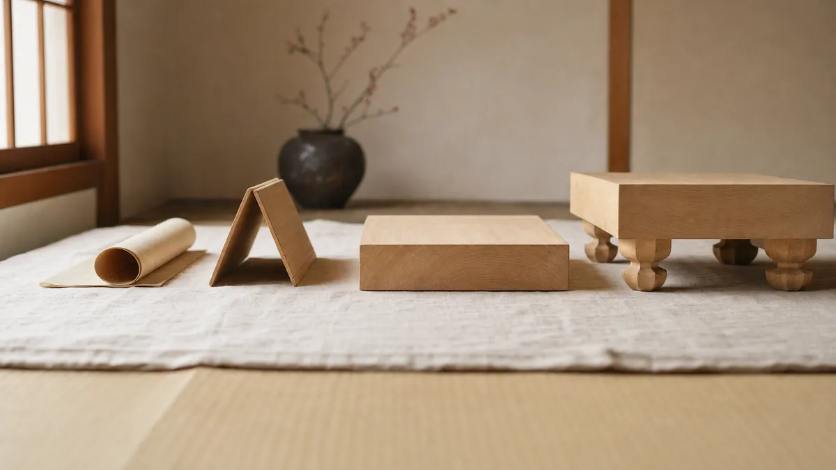 Four kinds of shogi board side by side, seen from the side: a rolled vinyl mat, a half-open folding board, a tabletop slab, and a legged floor board