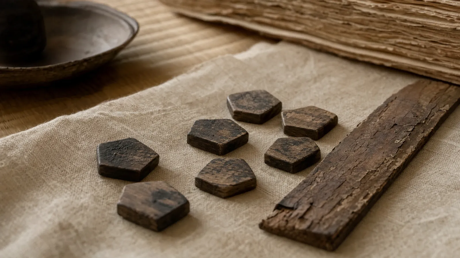 Illustration of worn, dark, hand-cut five-sided wooden shogi pieces on linen beside a cracked strip of old wood, in the style of an archaeology display