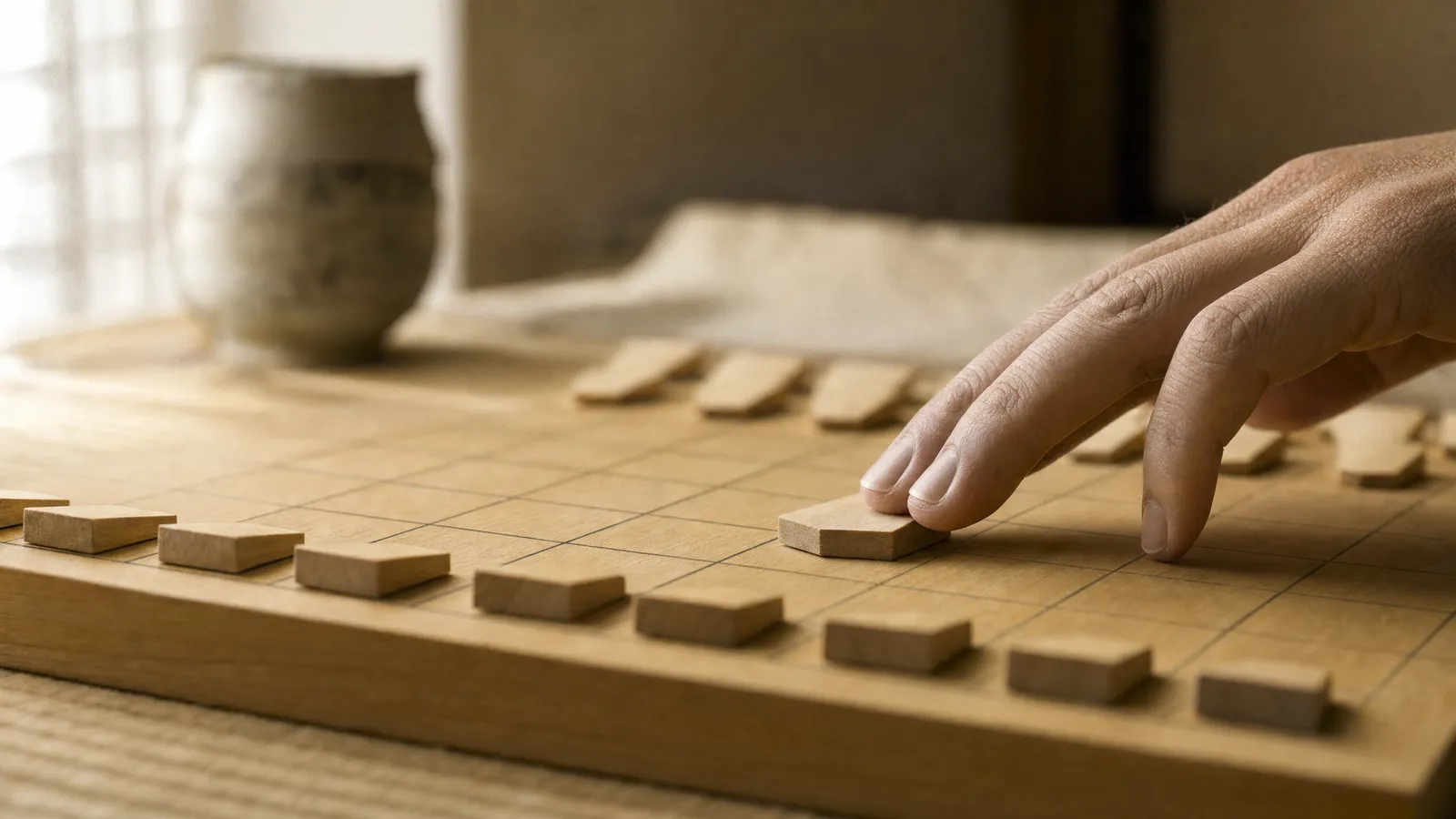 Player sliding a shogi piece sideways along the second row early in the game, the first choice in shogi openings
