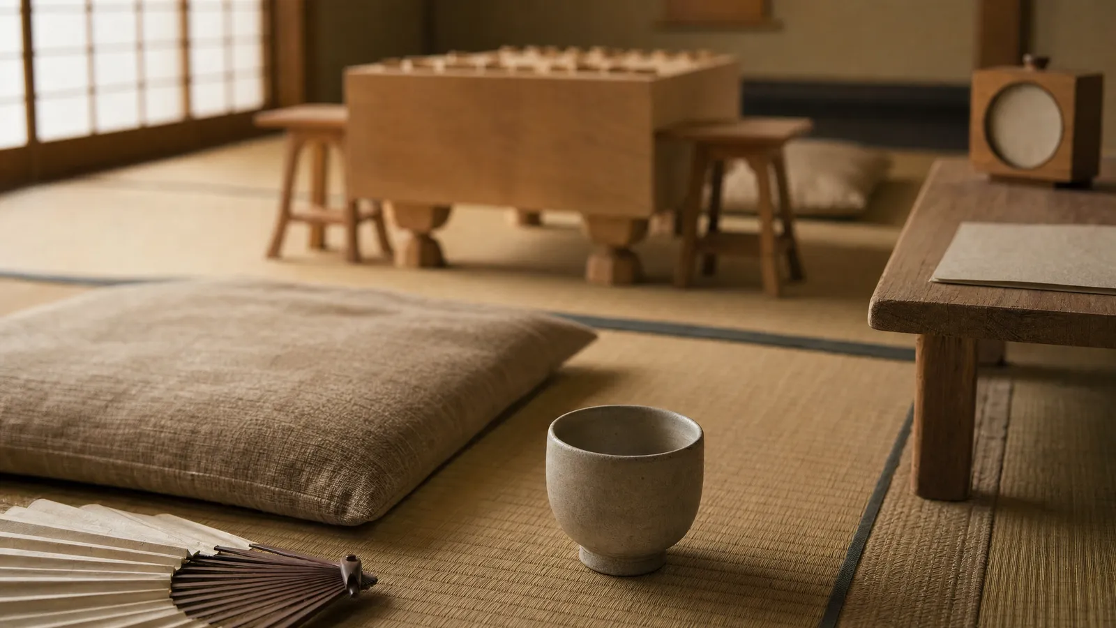 Empty tatami room set for a shogi title match: a cushion, teacup and folded fan in front of a legged shogi board, with a game clock on a side table