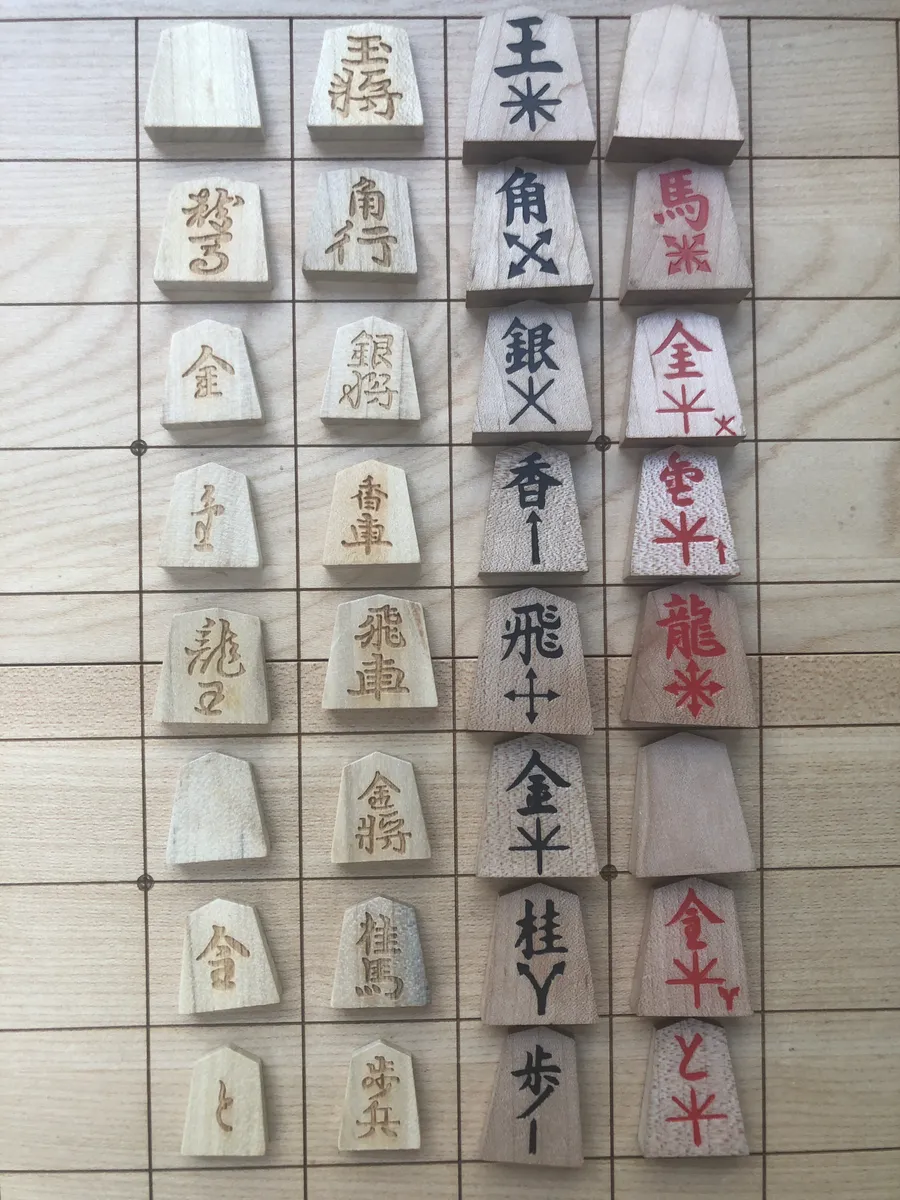 Two shogi sets compared piece by piece: traditional carved two-kanji pieces with their promoted sides, beside beginner pieces with one large kanji, movement arrows and red promoted sides