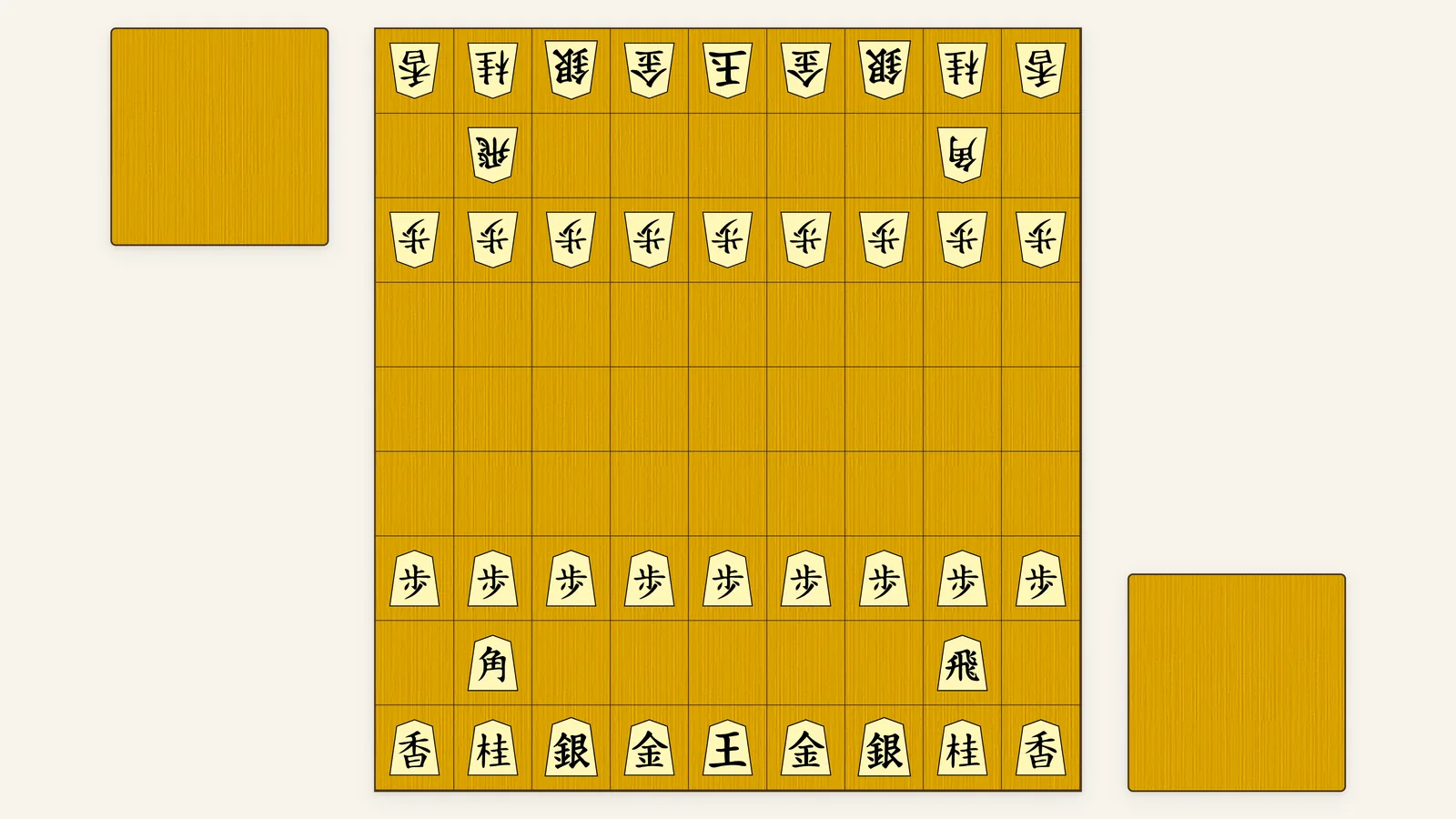 Shogi set in the starting position: a 9x9 board with 40 pieces and an empty piece stand beside each player