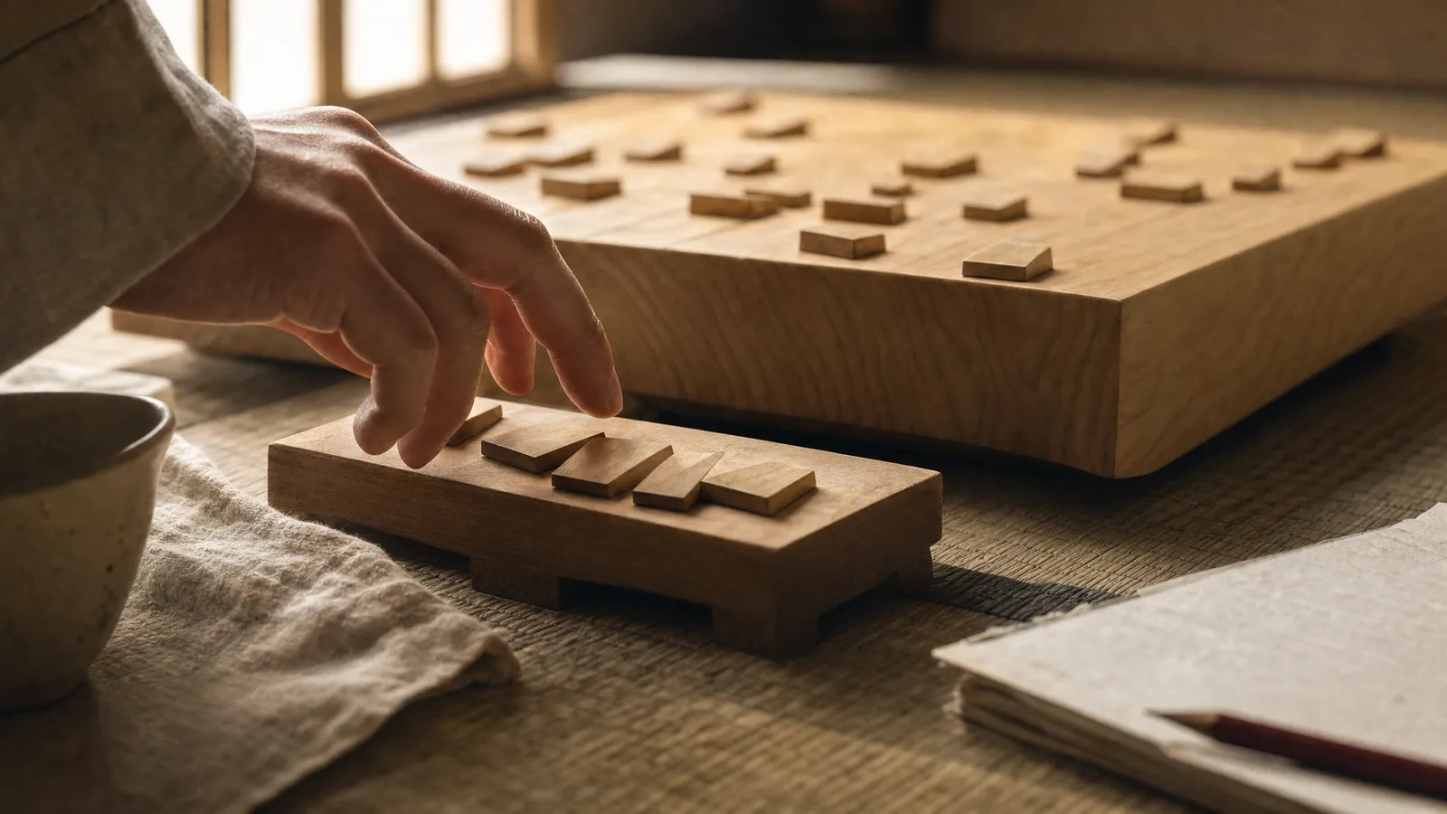 Shogi player reaching for a captured piece on the stand mid-game, the drop threat behind all shogi strategy