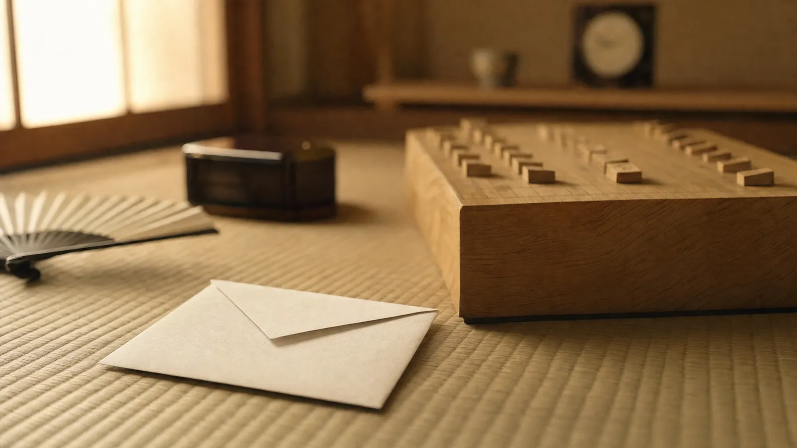 Sealed blank envelope on tatami beside a wooden shogi board mid-game, with a folded fan and a lacquered piece box, as in a two-day title match