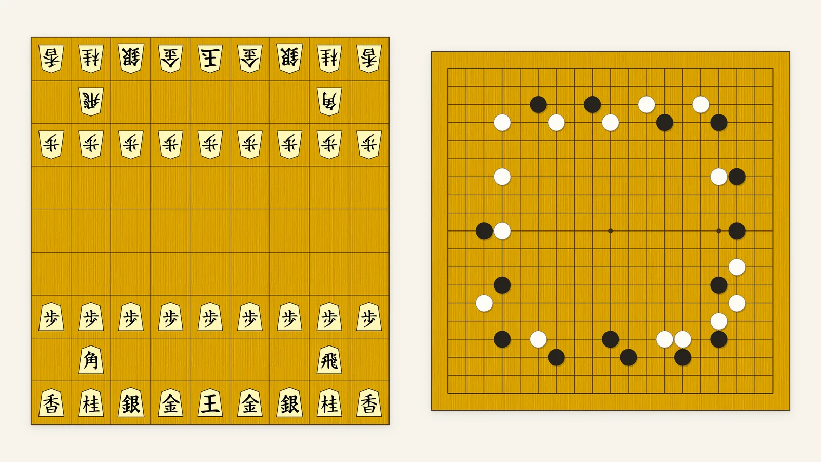 A shogi board in the starting position next to a 19x19 go board with black and white stones on the line intersections