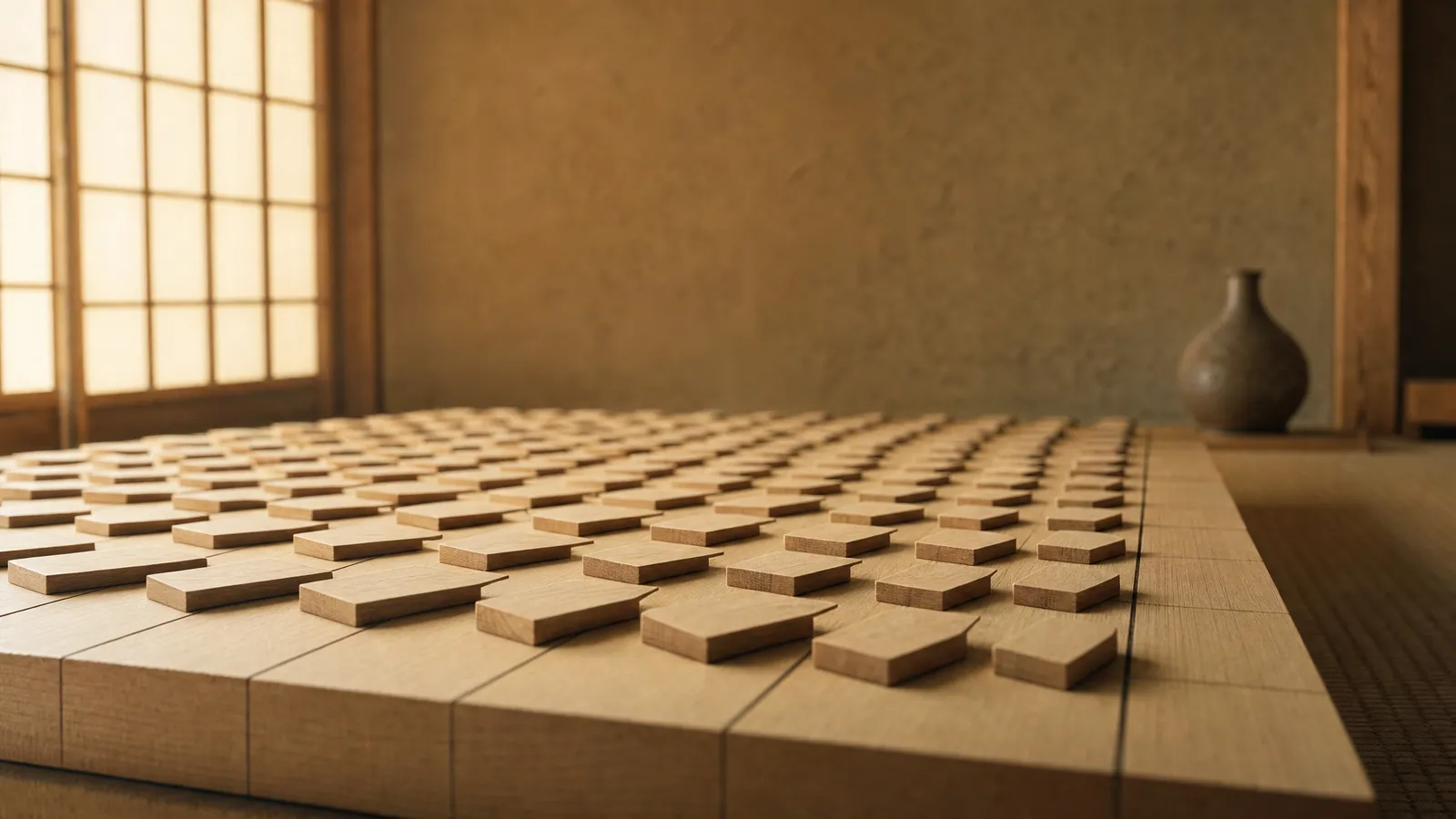 A vast wooden shogi board covered in rows of small flat pieces, evoking the 36x36 taikyoku shogi board