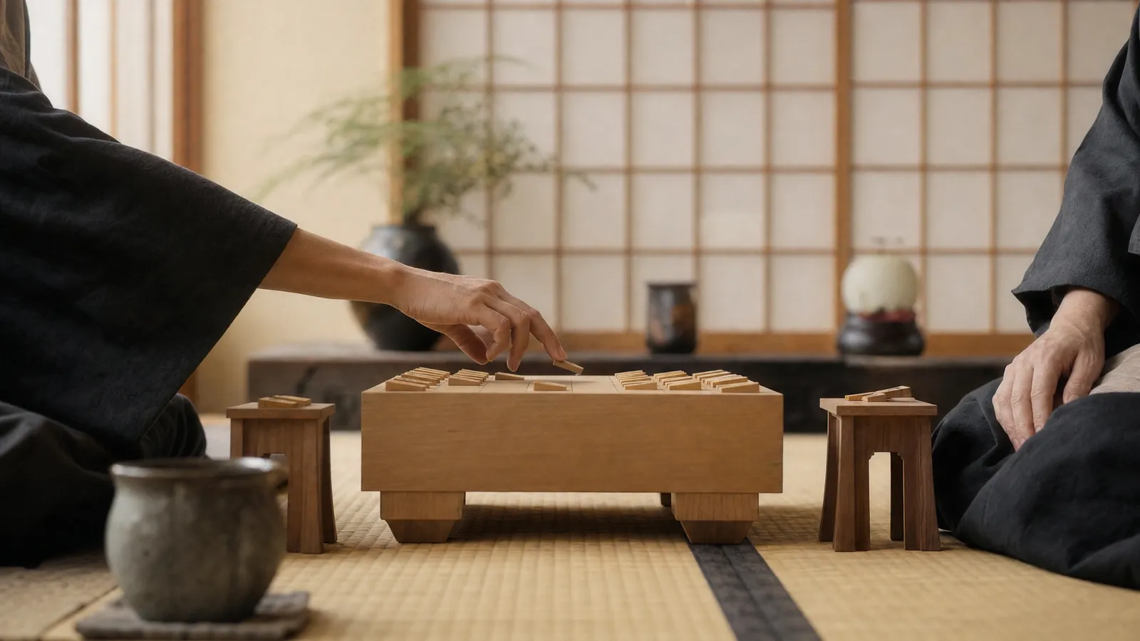 Two players in dark kimono at a wooden shogi board, seen from the side with only arms and hands in frame, one moving a piece in the Japanese chess game