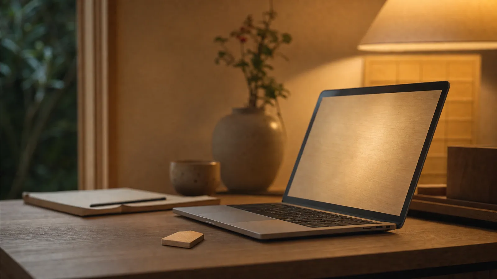 Laptop on a wooden desk in the evening lamp light next to a wooden shogi piece, ready for a game of shogi online