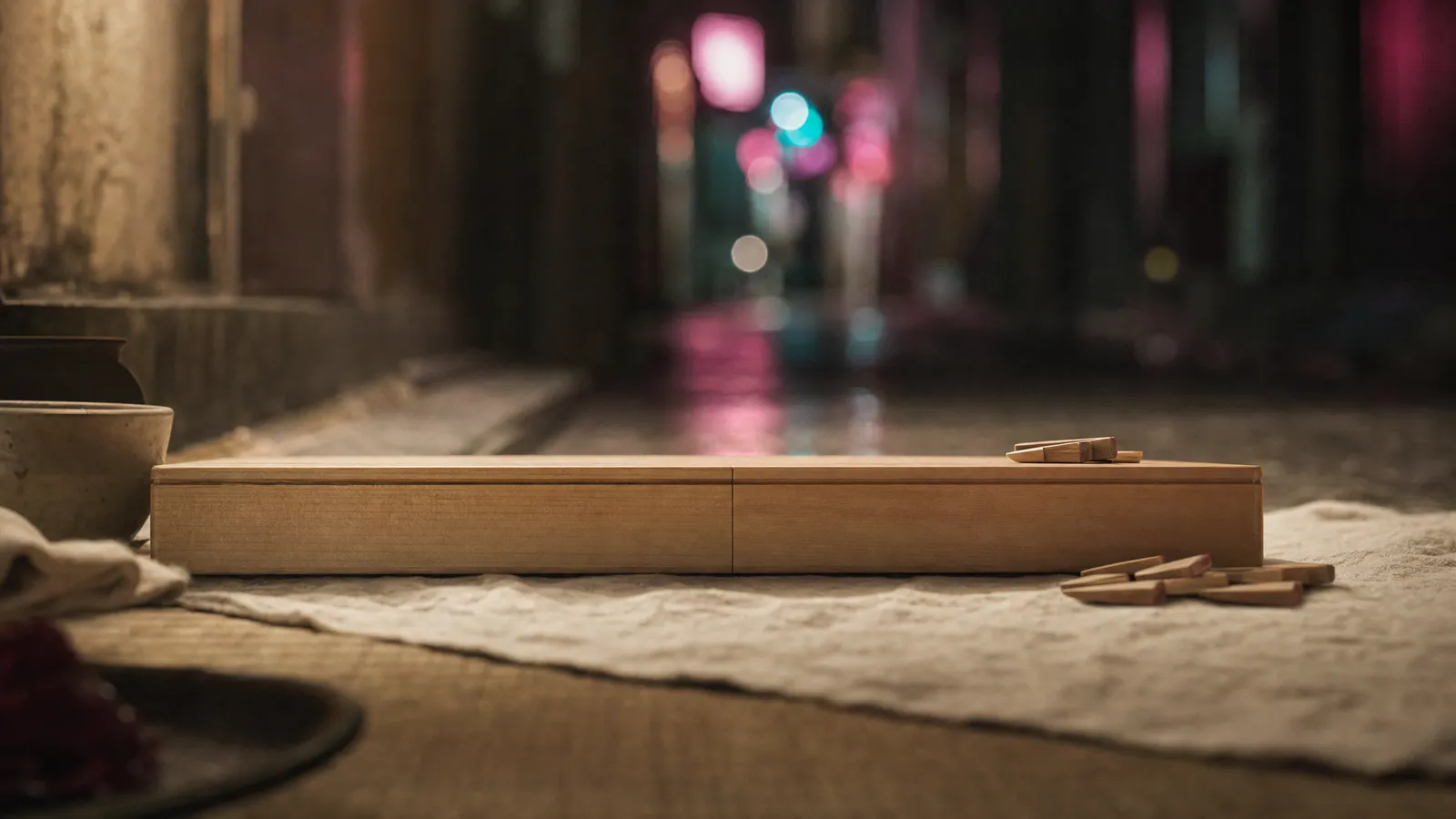 Folded wooden shogi board and a few scattered pieces on a blanket in a neon-lit back alley at night